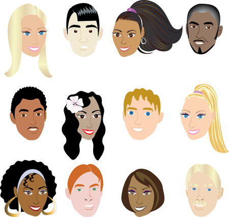 People Faces 2. Illustration set of 12 peoples on a diverse set of cultures. Also available in other sets.のイラスト素材
