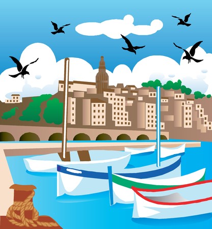 illustration scene at a pier with ships, buildings and background.のイラスト素材