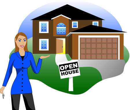  Illustration. A real estate agent with keys advertising an open house viewing. Version 4 of 6.のイラスト素材
