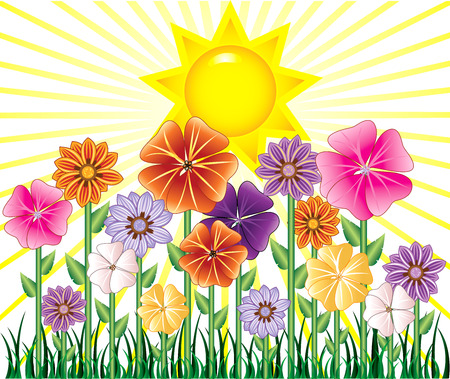 illustration of a Spring Day with Sunshine and Flower Garden with grass.のイラスト素材
