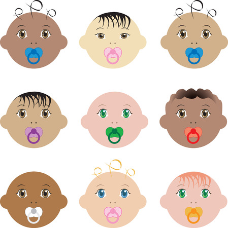 Illustration of nine boy and girl baby faces of different races.のイラスト素材