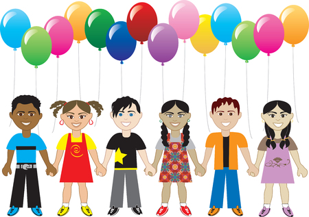 six cute happy kids with balloons. Can be used as an invitation, greeting card, thank you poster and more.のイラスト素材