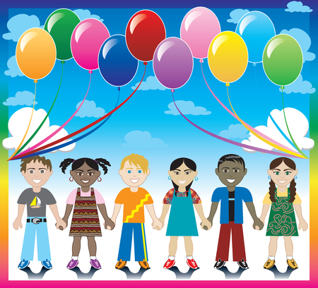 6 happy kids under a rainbow with a colorful background and a place for text or imagery. のイラスト素材