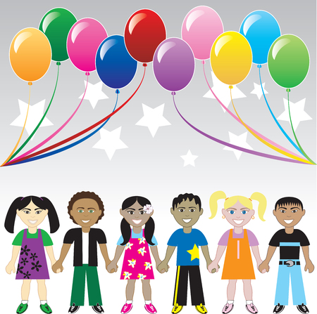 Six children holding hands under colorful ballons and stars. Card, Cover, Invitation or web.のイラスト素材