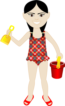 Vector of Asian girl in swimsuit with sand bucket and shovel.のイラスト素材