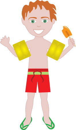 red hair boy in swimsuit with arm floats and ice creamのイラスト素材