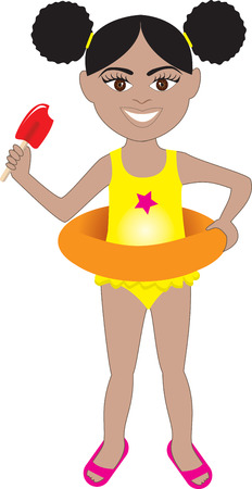 Afro girl in swimsuit with sand bucket and shovel.のイラスト素材