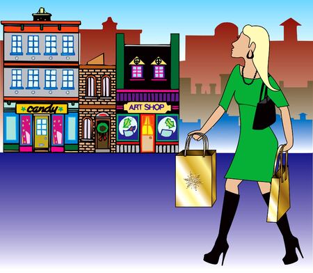 Illustration of a blond woman Christmas shopping with bags dressed fashionably.の写真素材