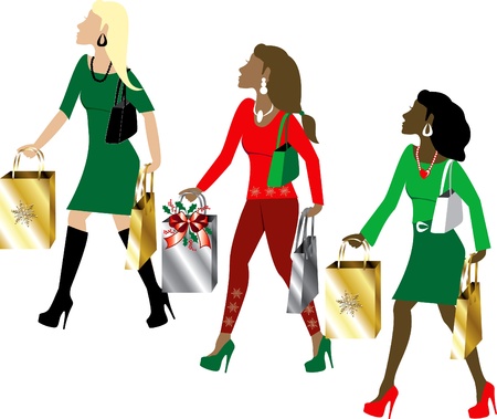 Illustration of three women Christmas shopping with bags dressed fashionably.の写真素材