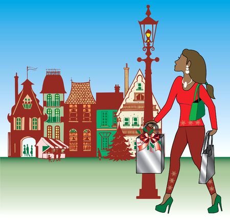 Illustration of brunette woman Christmas shopping with bags dressed fashionably.の写真素材