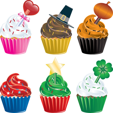 six different Holiday Cupcakes. Christmas, Halloween, Thanksgiving, Valentines Day , Independence Day and St. Patricks Day.のイラスト素材