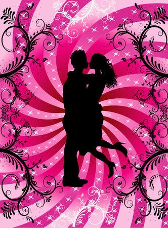 Vector Illustration of couple kissing on Valentine Background with hearts and scrolls.のイラスト素材