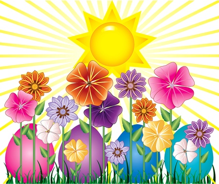 Vector illstration of a Spring Day with Sunshine and Easter Egg Garden with grass.のイラスト素材