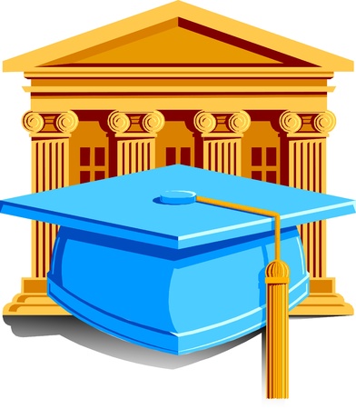 a cap with tassle for graduation with school in the background.のイラスト素材