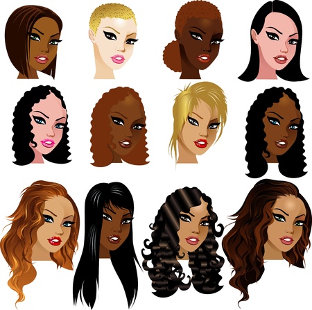 Illustration of Mixed Biracial Women Faces. Great for avatars, makeup, skin tones or hair styles of mixed women.のイラスト素材