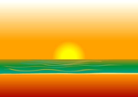 Illustration of a woman in red swimsuit on beach during sunset/sunrise.のイラスト素材