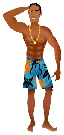 Illustration of an athletic Beach Guy 1 with gold chain and braids.のイラスト素材