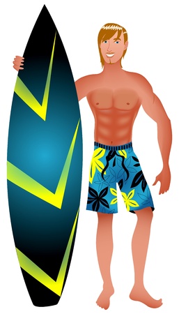 Illustration of an athletic surfer with surfboard.のイラスト素材