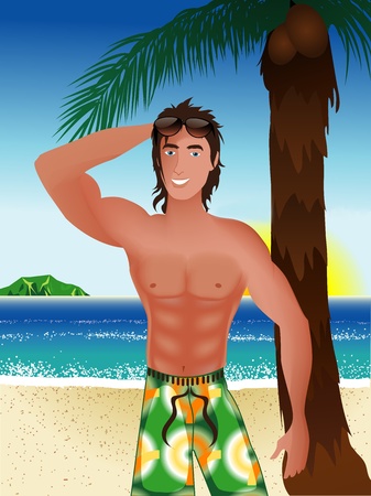 Illustration of an athletic Beach Scene Guy with beach background and palm tree.のイラスト素材