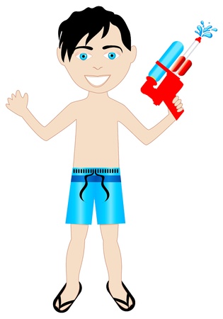  black hair boy in swimsuit with watergun.のイラスト素材