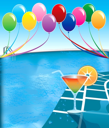 Illustration of pool party with balloons and cocktail drink.のイラスト素材