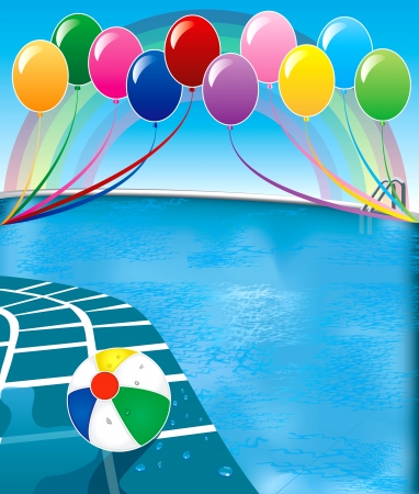 Illustration of pool party with balloons and beach ball.のイラスト素材