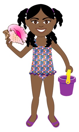 Vector of Afro girl in swimsuit with popsicle and lifesaver.のイラスト素材