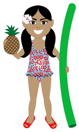 Vector of Hawaiian girl in swimsuit with Pineapple and Noodle Floatie.のイラスト素材