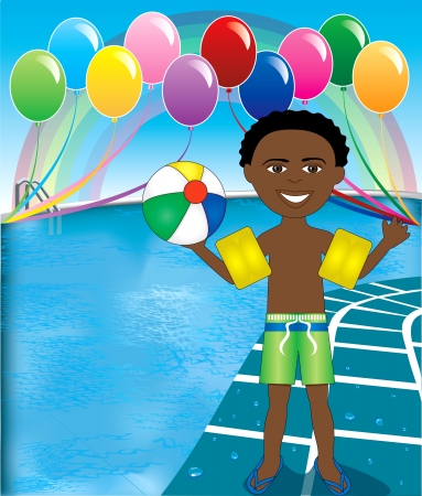 Vector Illustration of Ball Boy at pool party with balloons and beach ball.のイラスト素材