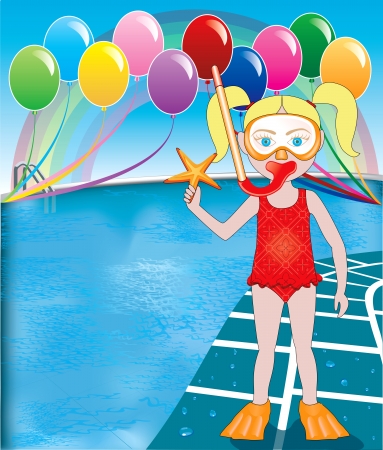 Vector Illustration of Snorkel Girl at pool party with balloonsのイラスト素材