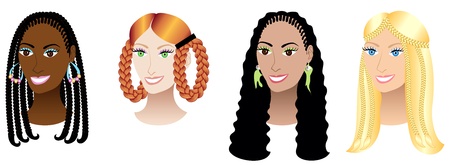 Illustration set of four women with braids, plaits or cornrows.のイラスト素材