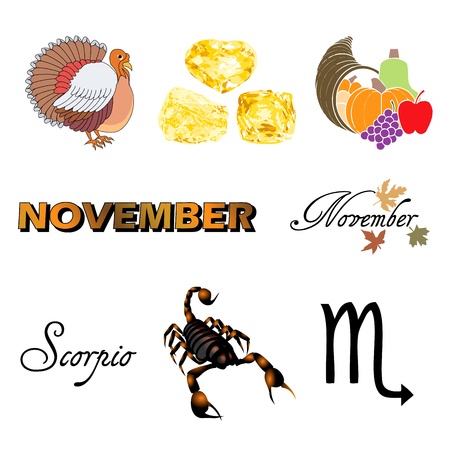 Vector Illustration of eight November Icons including birthstones, holidays and zodiac symbols.のイラスト素材