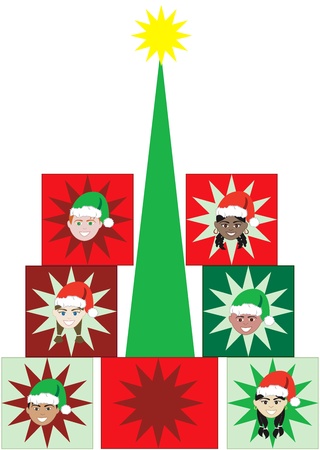 Vector Illustration of 6 kids faces in a Present Christmas Tree.のイラスト素材