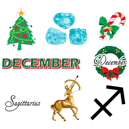Vector Illustration of eight December Icons including birthstones, holidays and zodiac symbols.のイラスト素材
