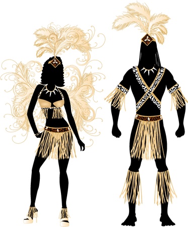 Vector Illustration Zulu Couple for Carnival Costume Silhouettes with a man and a woman.のイラスト素材