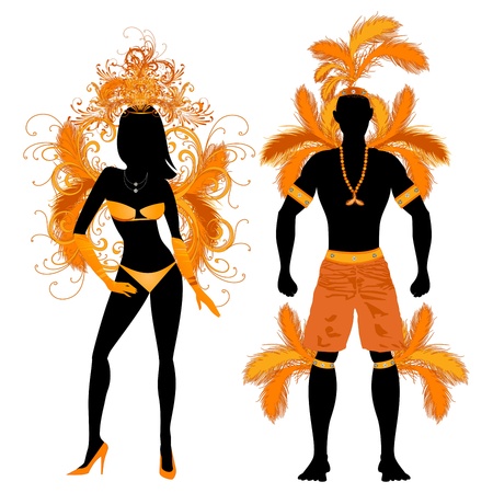 Vector Illustration Orange Couple for Carnival Costume Silhouettes with a man and a woman.のイラスト素材