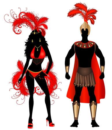 Vector Illustration Couple for Carnival Red Costume Silhouettes with a man and a woman.のイラスト素材