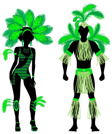 Vector Illustration Couple for Carnival Green Costume Silhouettes with a man and a woman.のイラスト素材