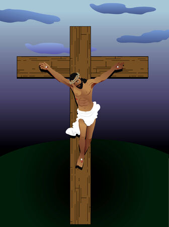 Vector Illustration of Jesus Christ on cross. Hair of wool, skin of bronze and crown of thorns.の写真素材