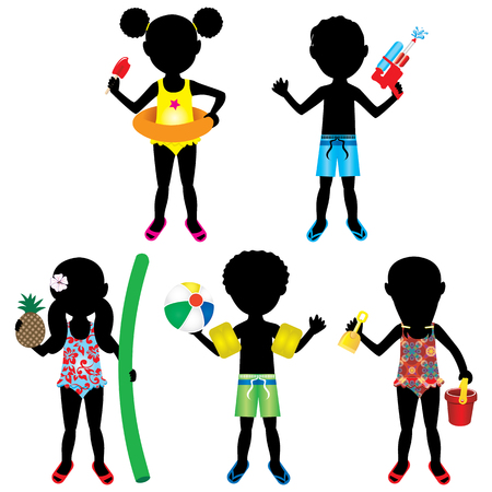 Vector Illustration of 5 different summer kids dressed for beach or pool.の写真素材