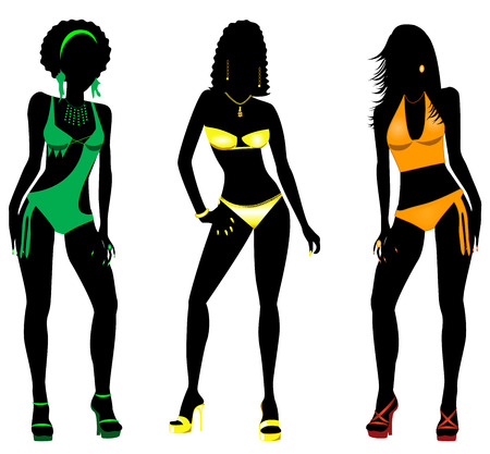Vector Illustration of three different swimsuit silhouette women in bikini, tankini and monokini swimwear.の写真素材