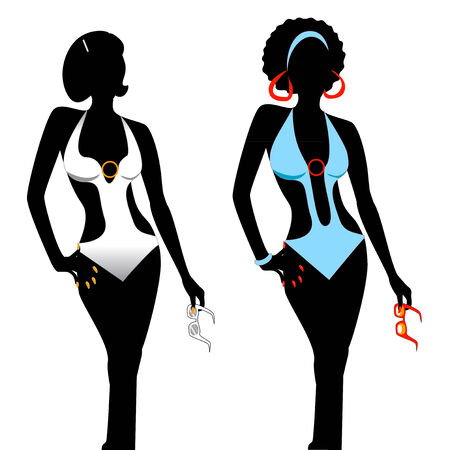 Vector illustration of two women silhouettes in monokini swimsuits.の写真素材