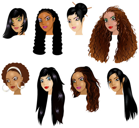 Vector Illustration of Asian, and Hispanic Women Faces. Great for avatars, makeup, skin tones or hair styles of dark haired women.の写真素材