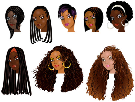 Vector Illustration of Black Women Faces. Great for avatars, makeup, skin tones or hair styles of African women.の写真素材