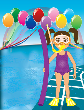 Vector Illustration of Snorkel Girl at pool party with balloons. See many other variations.のイラスト素材