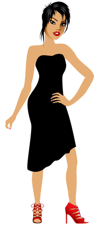 Vector Illustration of Asian woman with black dress and red heels.のイラスト素材