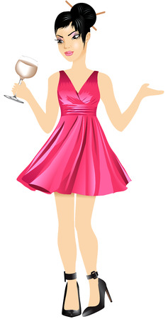 Vector Illustration of Asian woman with pink dress and red wine.のイラスト素材