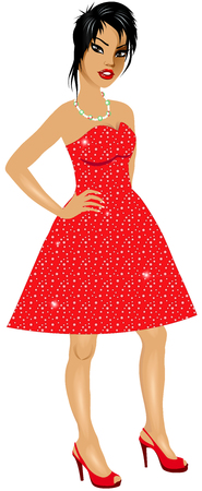 Vector Illustration of Asian woman with red sparkle dress and red heels.のイラスト素材