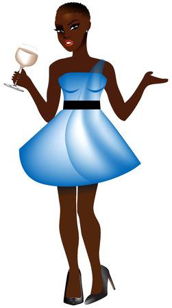 Vector Illustration of African woman with light blue dress and white wine.のイラスト素材