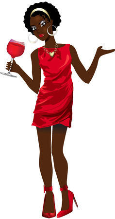 Vector Illustration of Black woman with red dress and red wine.のイラスト素材